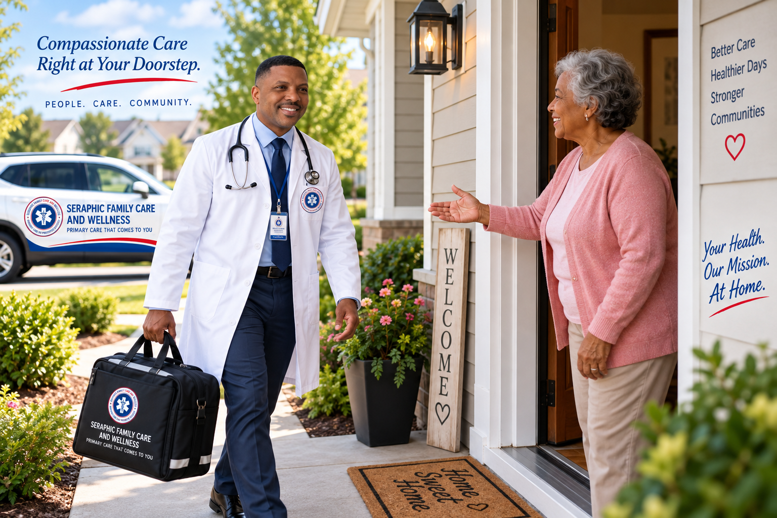 Seraphic Family Care and Wellness provider arriving at a patient home